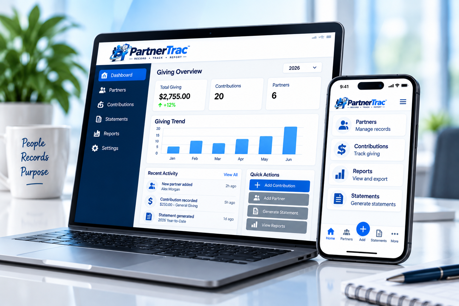 PartnerTrac contribution management platform shown on desktop and mobile
